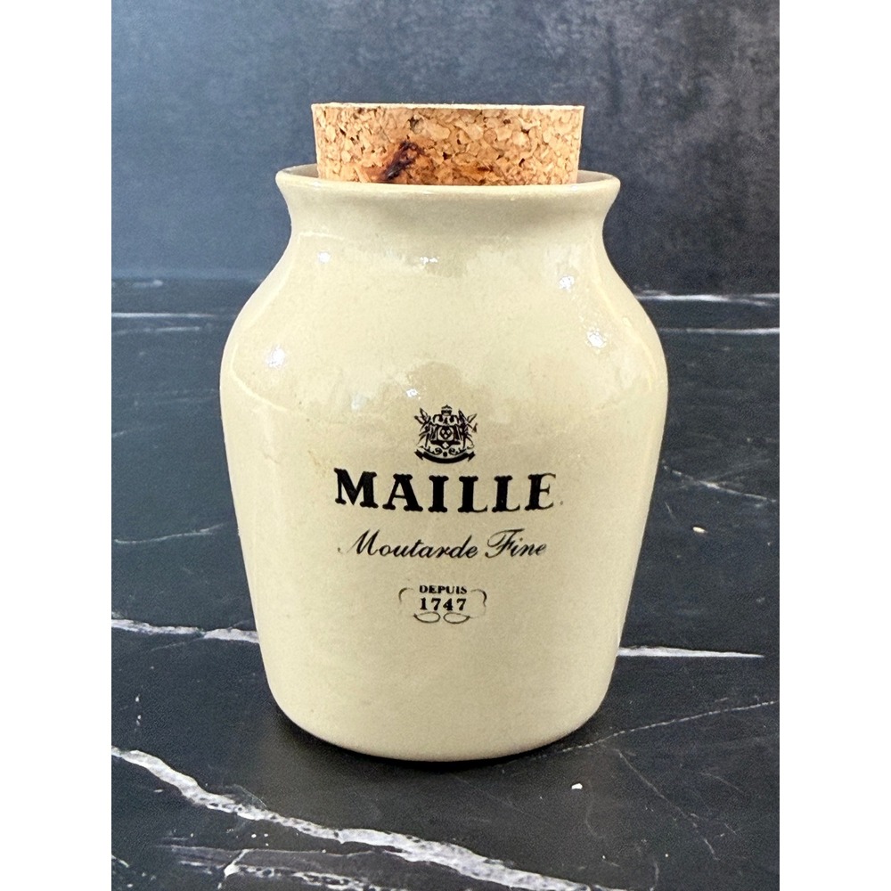 Vintage Maille Stoneware Mustard Jar with Cork Lid 3.5in Tall Made in France